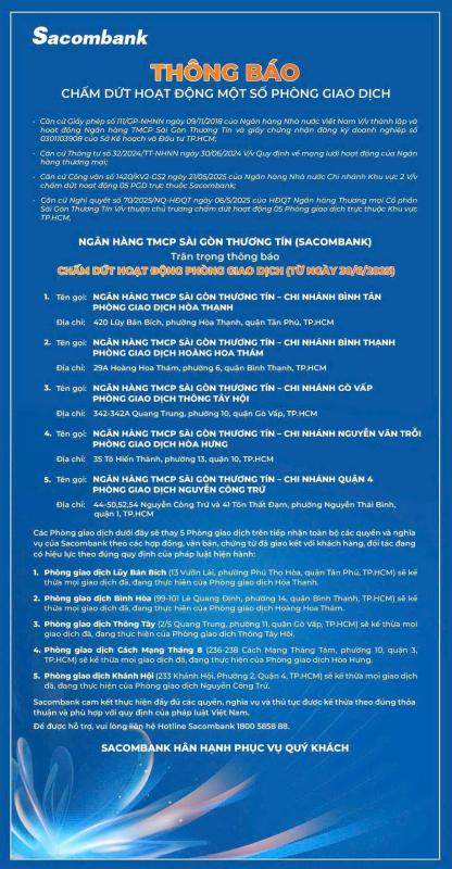 Sacombank thông báo chấm dứt hoạt động của một số phòng giao dịch- Ảnh 1.