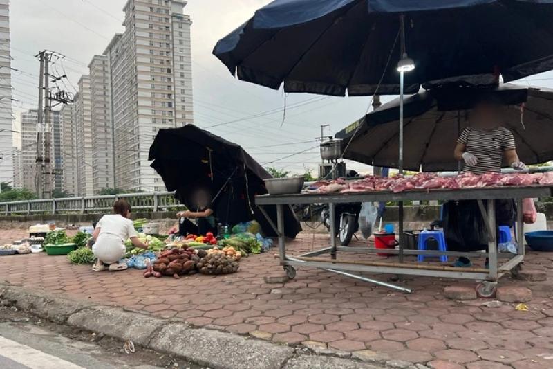 Chợ cóc 'mọc' nhan nhản, bày bán thịt heo dưới lòng đường Hà Nội- Ảnh 3.