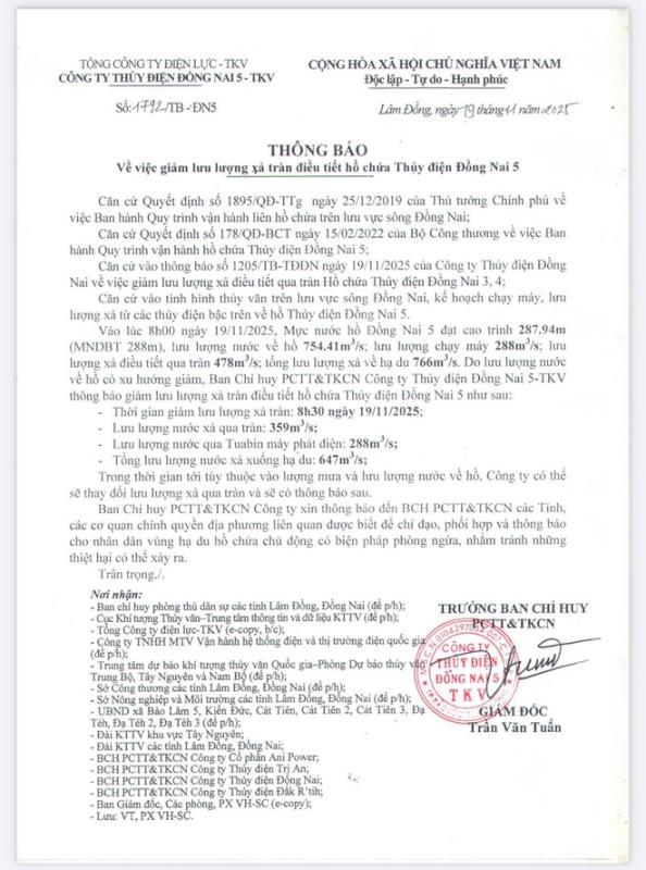 Thủy điện Đồng Nai 5 phản hồi khi xã nói 'không nhận được thông báo xả lũ'- Ảnh 3. Thủy điện Đồng Nai 5 phản hồi khi xã nói 'không nhận được thông báo xả lũ'- Ảnh 3.