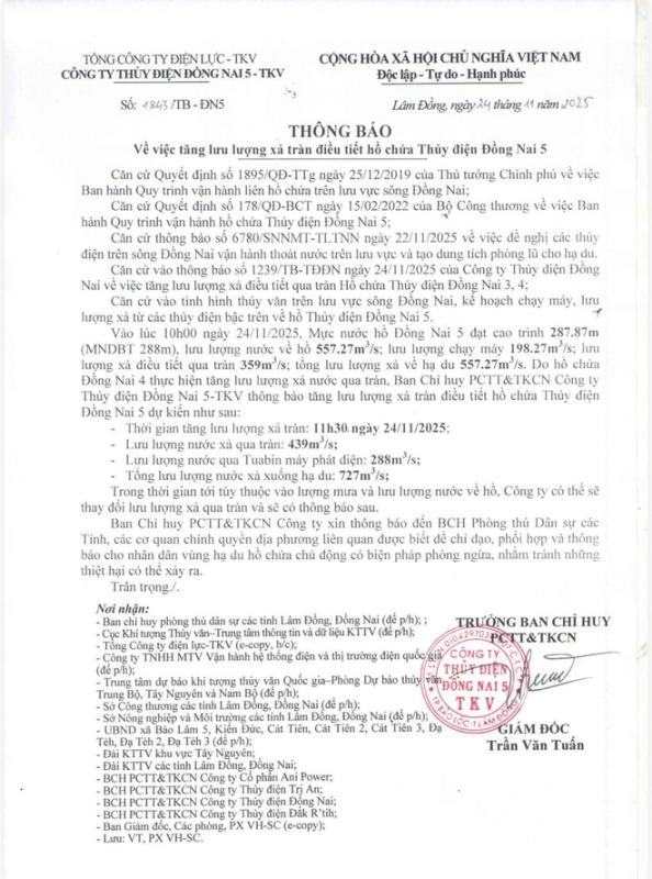Thủy điện Đồng Nai 5 phản hồi khi xã nói 'không nhận được thông báo xả lũ'- Ảnh 2. Thủy điện Đồng Nai 5 phản hồi khi xã nói 'không nhận được thông báo xả lũ'- Ảnh 2.